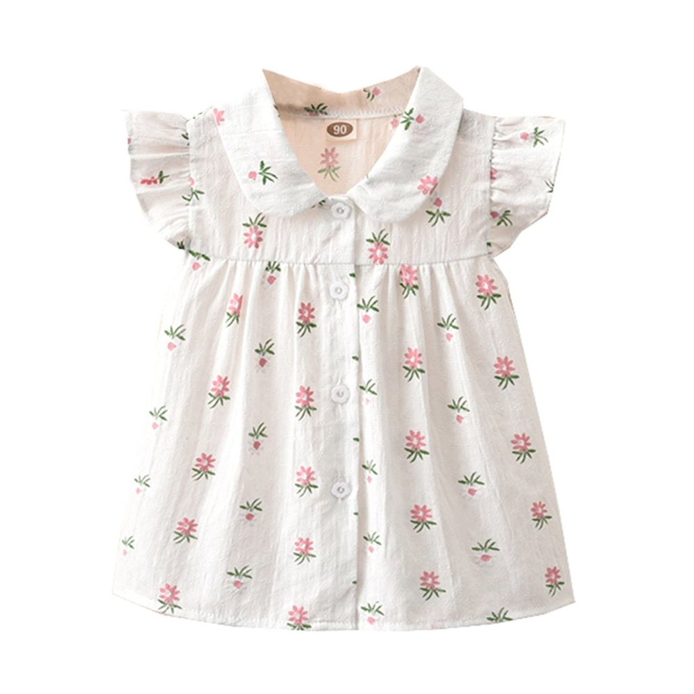 6-12 Months White Flutter Sleeve Front Button Cotton Girl Dress
